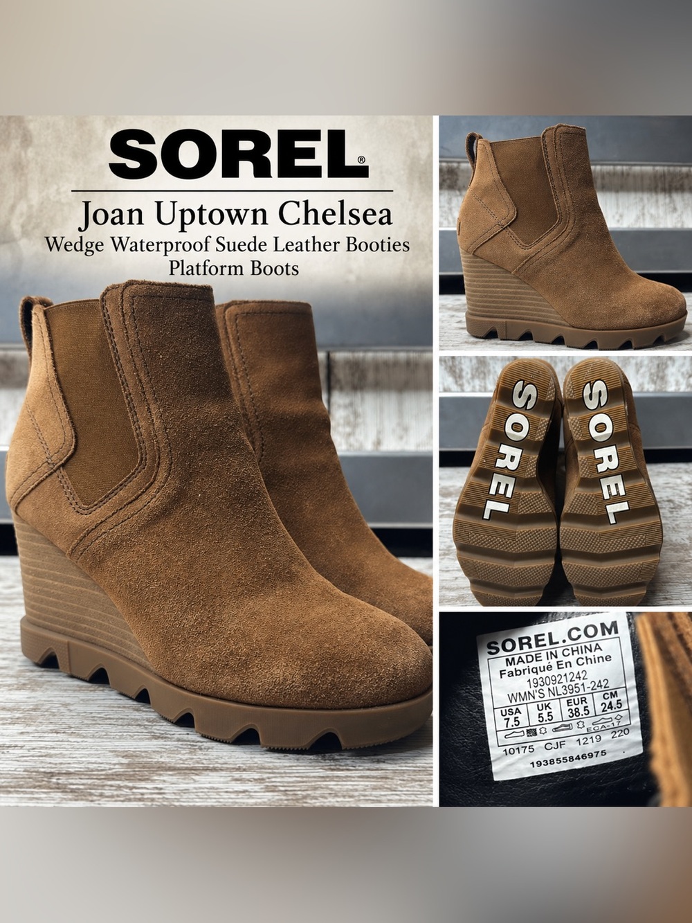 Sorel Joan Uptown Chelsea Wedge Boots Women’s 7.5 Brown Suede Waterproof